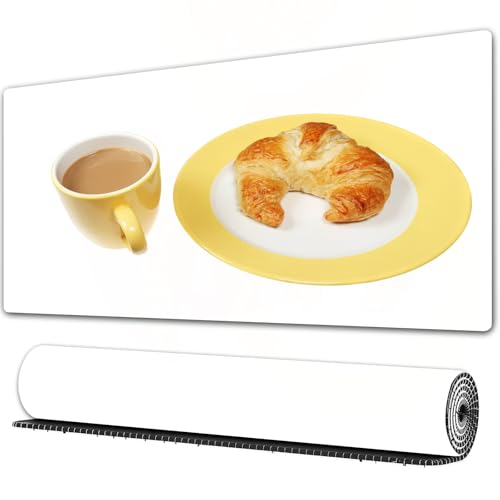 FEHWI Mauspad 80×30 cm Verlängertes großes Mauspad Schreibtischauflage,Kaffee und Croissant auf einem Teller isoliert auf weiß,genähte Kanten Gaming Mauspad,rutschfeste Gummibasis
