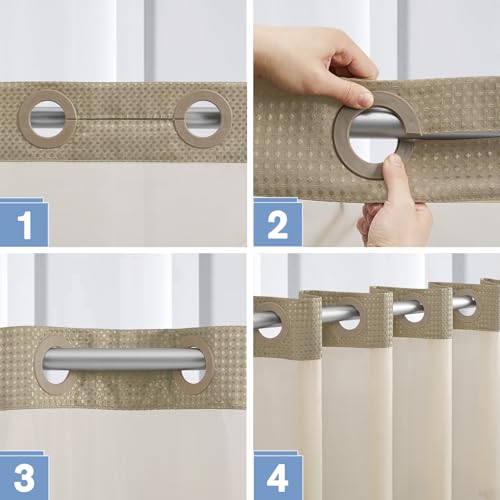 Image of Furlinic Extra Long Waffle Weave No Hook Shower Curtain with Snap in Liner,Heavy Duty Textured Fabric Bathroom Curtains,Hotel Style with Mesh Top Window,Waterproof & Machine Washable,Beige,71x96