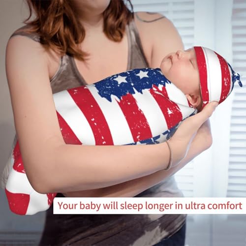 Image of American Flag Newborn Swaddle Blankets Baby Stuff Soft Swaddling Blanket With Beanie Sets Gifts For Infant Boys Girls
