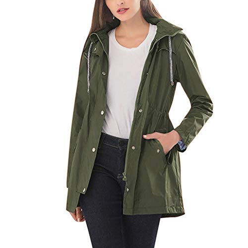EINCcm Womens Lightweight Raincoat Hooded Waterproof Active Drawstring Waist Hoodie Military Anorak Jacket Outwear(Army Green, S)