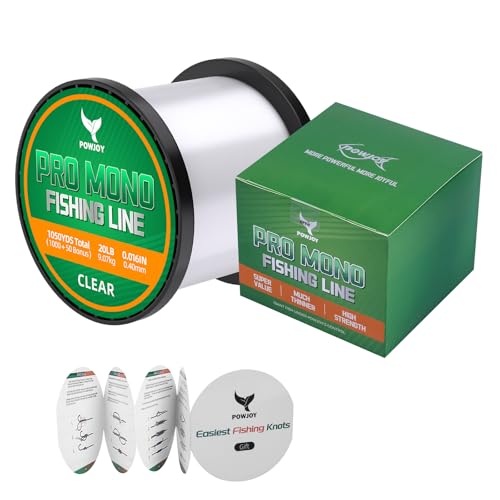 POWJOY 20lb Clear Monofilament Fishing Line 1050 Yards for Freshwater & Saltwater - Smooth Casting with Paralleled Hand-Wound Precision, Low Stretch Nylon with Knot Instruction Cards for Beginners
