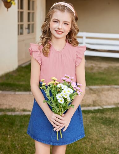 Image of Arshiner Girls Ruffle Short Sleeve Shirts Cute Summer Frill Neck Pleated Textured Blouse Tops