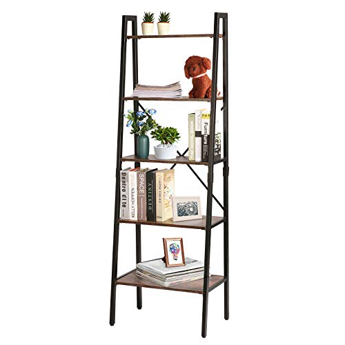 TOOCA 5-Tier Ladder Shelf Wood Multipurpose Utility Open Back Industrial Leaning Ladder Bookshelf Design Premium Quality Easy Assembly Shelf Storage for Living Room Bedroom Kitchen Home Office Balcony