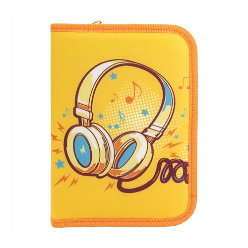 Idena 22079 - Federmappe mit Reißverschluss, Design Sound, gefülltes Federmäppchen mit 28 Teilen, Orange