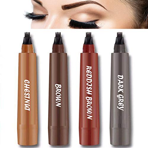 4 Color Pack Eyebrow Tattoo Pen Microblading Waterproof Liquid Pencil With Micro Fork Tip Applicator Brown, Chest Nut,Dark Grey,Reddish Brown Daily Use For Natural look