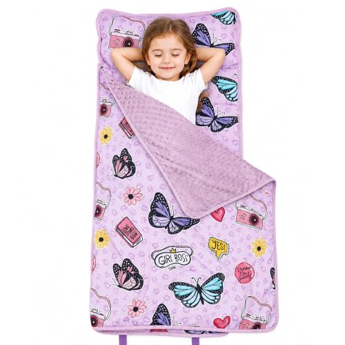 Image of Viviland Toddler Nap Mat with Pillow and Minky Dot Blanket, Butterfly