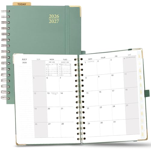 POPRUN Monthly Planner 2026-2027 Spiral Hardcover (6.25'' x 8.5''), 18 Months Calendar (Jan.2026-Jun.2027) - 2 Pages per Month with Dotted Note Pages, Sunday Start, Laminated Tab - Midnight