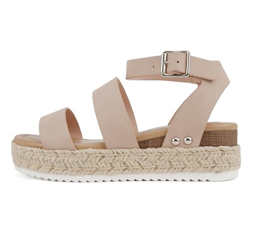 Image of Soda BRYCE-2 Kids /Children /Girls Open Toe Two Bands Espadrille Jute Platform Wedge Casual Fashion Flatform Sandals with Buckle Ankle Strap