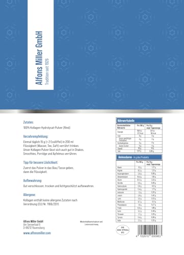 100% reines Kollagen Pulver 1000 g – Kollagen Peptide – Collagen Protein – Millers Alpha-Gel – Ohne Zusatzstoffe – Geschmacksneutral – Collagen Pulver – Alfons Miller – Deutsches Familienunternehmen