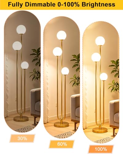 Image of 63IN 3-Light Dimmable Floor Lamp, Unique Gold Tall Standing Lamps with 3000K G9 Bulbs for Reading, Mid Century Modern Floor Lamp with 5Lbs Heavy Base for Living Room Bedroom Home Office