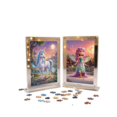 Image of Mini Leaves Unicorn & Angel Double Sided Acrylic Frame Jigsaw Puzzle 140 Pieces | Fantasy Desk Decor with UV Printed Frame | Premium Gift for Kids & Puzzle Lovers
