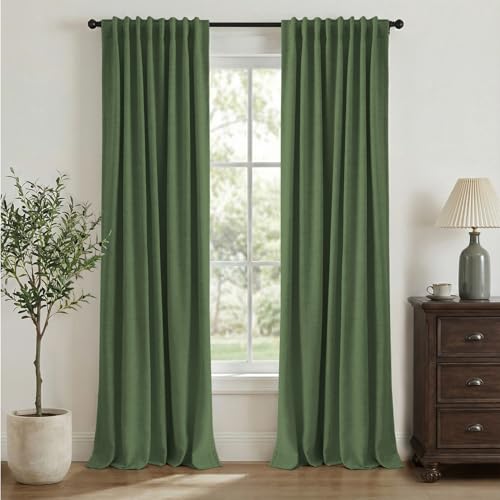 INOVADAY 100% Blackout Curtains 84 Inches Length 2 Panels Set, Back Tab/Rod Pocket Linen Black Out Curtains for Bedroom, Thermal Insulated Window Drapes - Moss Green, W50 X L84