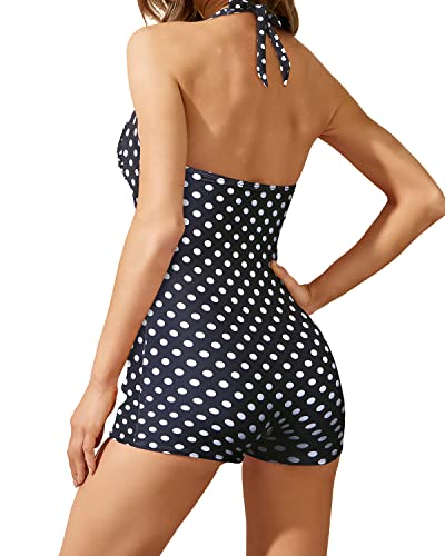 Image of Tempt Me Women Tummy Control One Piece Swimsuits with Shorts Boyleg Retro Bathing Suit Halter Swimwear