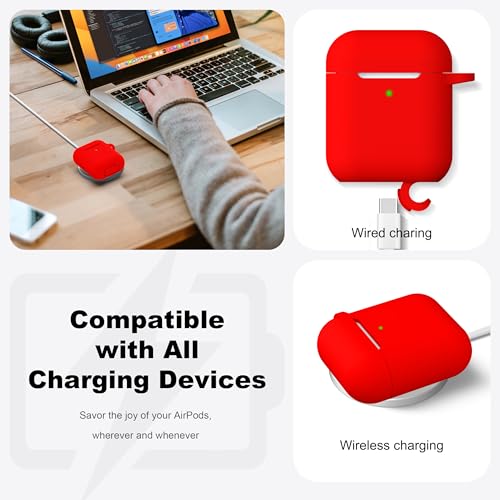 Image of AirPods Case Cover with Keychain, Full Protective Silicone AirPods Accessories Skin Cover for Women Girl with Apple AirPods Wireless Charging Case,Front LED Visible-Red