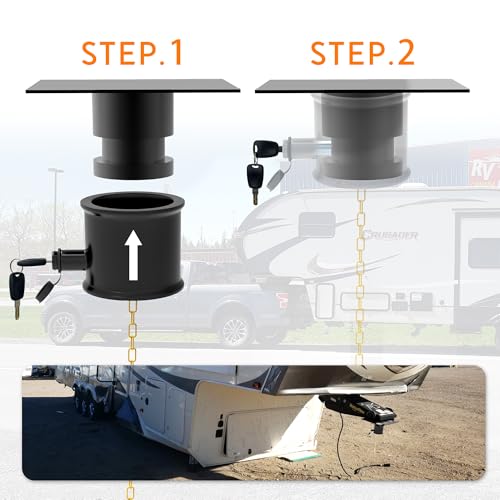 Image of 5th Wheel King Pin Lock, Heavy Duty Steel Trailer Pin Lock for RVs, Semi Trailers and Trucks, with Anti-Theft Waring Tag, Black