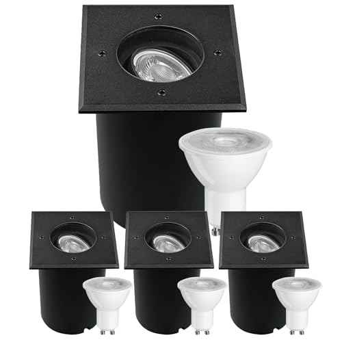 JNR 4er Set Bodenstrahler Außen Schwenkbar GU10 IP67 Wasserdicht mit LED 5W 3000K Warmweiß, Bodeneinbaustrahler Aussen 230V Bodenleuchten Außen, Schwarz JNR 4er Set Bodenstrahler Außen Schwenkbar GU10 IP67 Wasserdicht mit LED 5W 3000K Warmweiß, Bodeneinbaustrahler Aussen 230V Bodenleuchten Außen, Schwarz