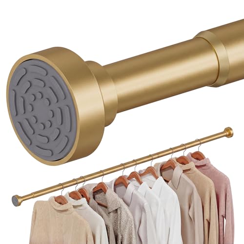 No Drilling Closet Rods for Hanging Clothes Non Slip Tension Rod with Heavy Duty Clothes Hanging Rod 17-69 Inches Adjustable Spring Closet Rod for Closet Wardrobe Bathroom Laundry RV Golden