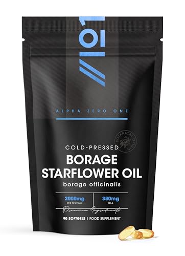 Starflower Oil 2000mg 380mg GLA Cold-Pressed Borage Oil - 90 Softgels - Natural Source of Omega-6 3 Month Supply Resealable and Recyclable Pouch by Alpha01