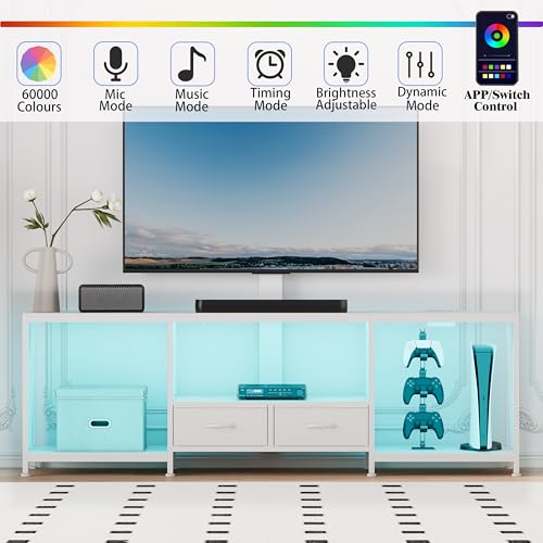 Image of 63 inch W TV Stand with Mount for 55,65,75 inch TV,Entertainment Center with Power Outlet and Led Lights,Height Adjustable TV Console Table with Open Storage Shelves and Fabric Drawers (White, 63 inch W)