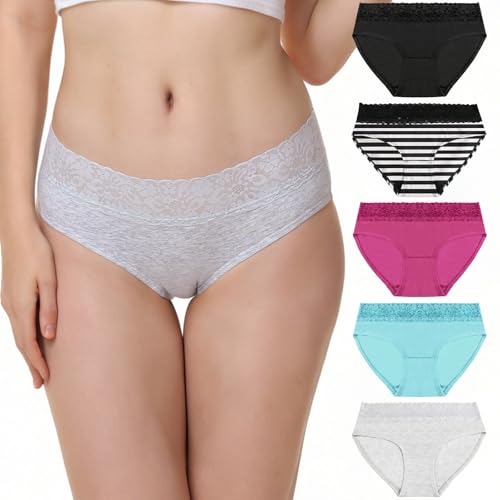 LYYTHAVON Women's Cotton Underwear Lace Soft Breathable Brief Ladies Panties 5 Pack (Multicolored B, 5 Pack, XX-Large)