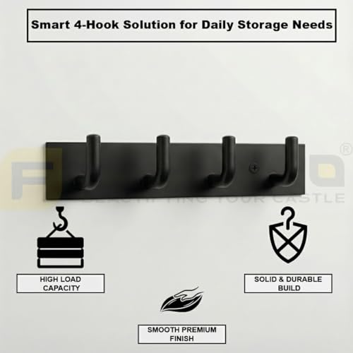 Image of Stainless Steel 4 Hook Cloth Hanger for Door /Dress Hanger Wall Mount /Bathroom Hooks for Hanging Clothes (Black) Pack of 1-| 3 Years Warranty |