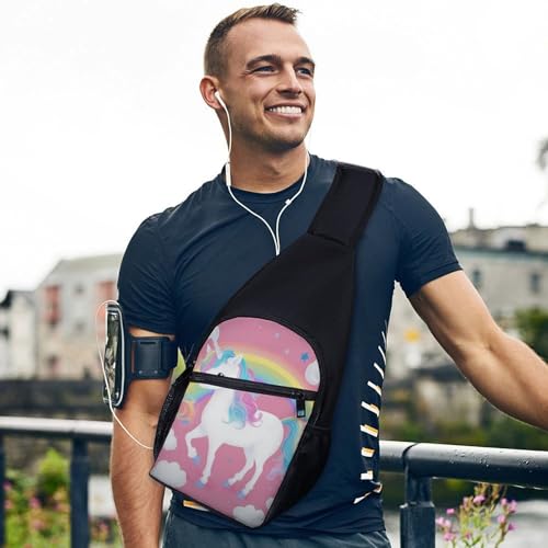 Versatile Unisex Rainbow Cloud Pink Unicorns Cute Crossbody Bag, 15.4×8.3×3.5 Inch Chest Pack with Breathable Shoulder Strap and Mesh Side Pockets, Portable Sling Backpack3