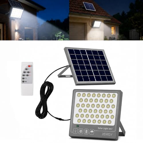 Image of XERGY 100W Solar LED Flood Light with Remote, 270 LEDs - IP67 Waterproof, Outdoor Security Light, Dusk-to-Dawn Sensor, 2000mAh Battery, Ideal for Garden, Home, Wall, Porch, Shed (Includes 5m Cable)