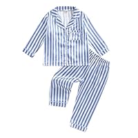 HodJIU Kids Pyjamas Boys Girls Button Up Striped Pajama Sets 2 Pieces Faux Satin Silk Pyjama Unisex Baby Matching Pjs Children Nightwear Sleepwear (Blue, 18-24 Months)