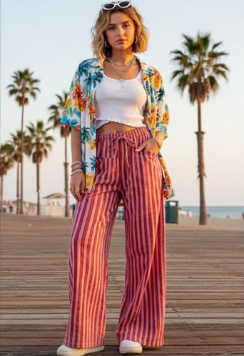 Image of MISSACTIVER Women Drawstring Striped Pants Loose Wide Leg Trousers Casual Low Waist Pants Comfy Lounge Pants with Pockets