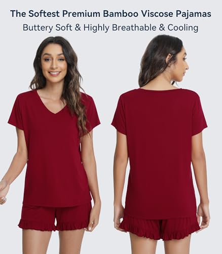 Image of WiWi Womens Pajamas Set Bamboo Viscose Super Soft Short Sleeve Top Ruffle Shorts Sleepwear Cooling Pj Sets S-XXL