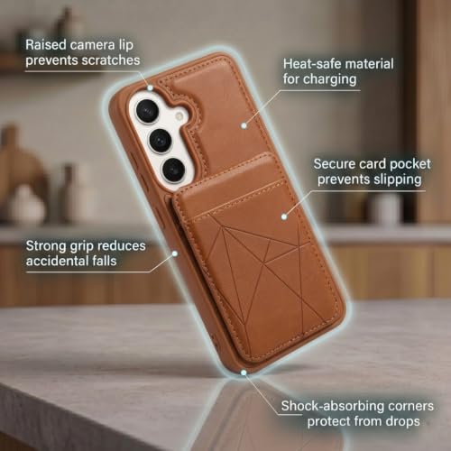 Image of amazon basics Premium Vegan Leather Back Cover with Card Holder and Integrated Mobile Stand for Samsung Galaxy S26 5G - Slim Shockproof Wallet Case with Geometric Stitching [Tan]