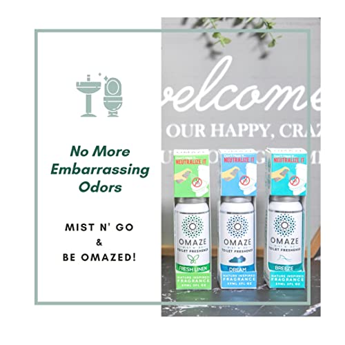 Omaze Mist N Go Refresh Toilet Spray - Bathroom Spray Odor Eliminator - Toilet Smell Eliminator Deodorizer - Bathroom Smell Good Spray Women Men Odor Neutralizer Spray Fresheners - Breeze + Dream + Lavender + Fresh Linen + Blossom 2Oz X5 #TOP6