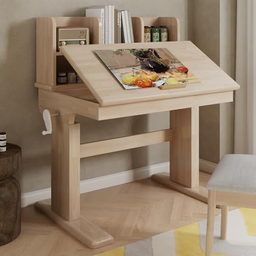 phosir Escritorio infantil de madera maciza regulable en altura con tablero inclinable (0 – 43°) y compartimento de almacenamiento, mesa plegable para pintar y jugar para niños a partir de 6 años