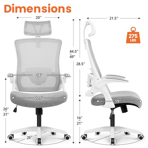 Image of NEO CHAIR Office Desk Chair Gaming Computer High Back Support Mesh Comfy Seat with Adjustable Ergonomic Headrest Lumbar Rolling Flip-up Armrests and Wheels (Grey)