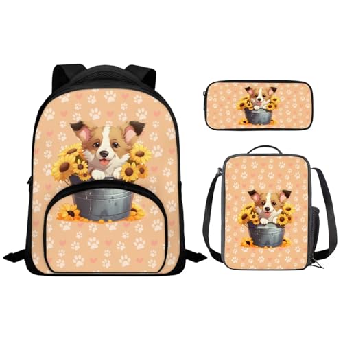 Cute Corgi Kids Backpack Set Boys with Lunch Bag Pen Bag Set 3Pcs Kids Backpack for Boys 8-12 School Backpack Child Backpacks For School & Travel