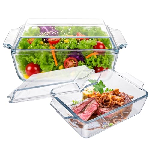 YAYODS 2 fuentes de cristal con tapa – 1000/1500 ml – Juego de cazuelas rectangulares – Utensilios microondas Lasaña de cristal – Molde para horno de cristal con asas – Cuenco de cristal para ensalada