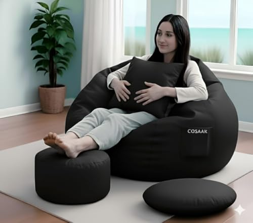 Image of 2XL Teardrop Bean Bag Cover & Chair Set with Footrest & Two Cushion, Faux Leather, Indoor Gaming and Lounging, Adult Size (Black, XXL, Solid)