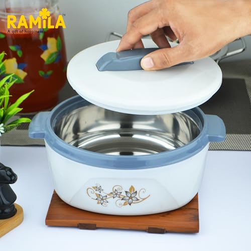 Image of 1500ml Ramila Brand Insulated Inner Steel Casserole for Roti, White | Hot Pot for Home | Hot Box for Kitchen |Chapati Box | Locks in The Cold & Heat for Long | Serving Bowl with Lid