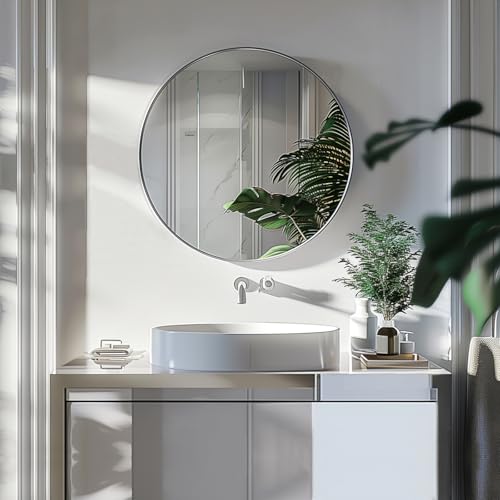 Image of Sunniry Silver Circle Mirror, Round Mirror 20 inch, Round Wall Mirrors with Brushed Aluminum Frame, Circle Mirrors for Living Room, Bathroom, Wall, Hallway.
