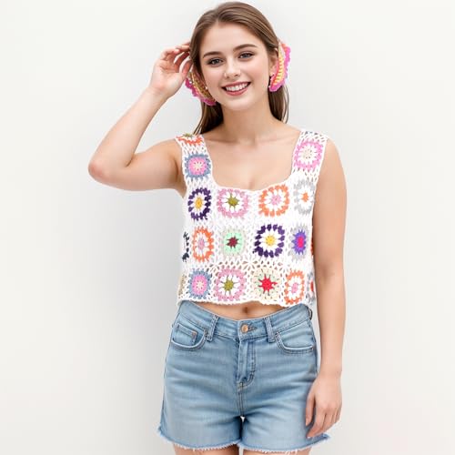 Floral Crochet Tank Tops for Women Summer Boho Square Neck Sleeveless Crochet Crop Top Hollow Out Short Beachwear White4