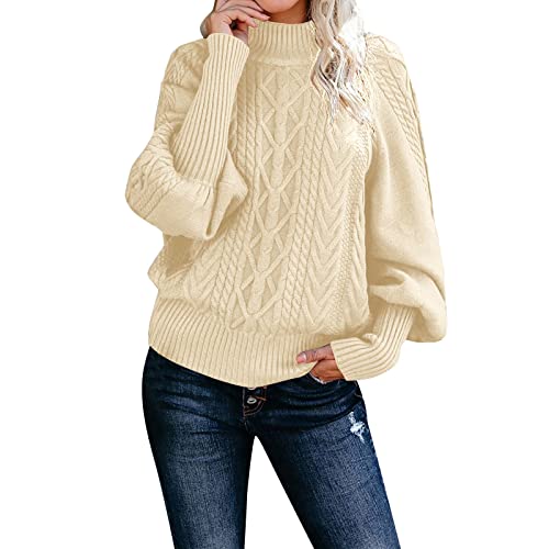 Sweaters for Women Mock Turtleneck Solid Cable Knitted Trendy Lantern Sleeve Warm Comfort Pullover Sweaters Tops