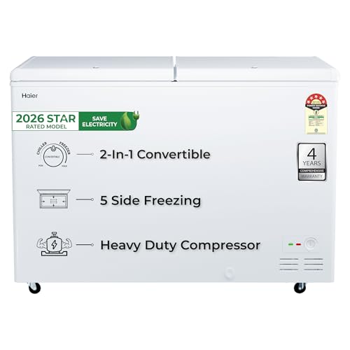 Image of Haier HFC-355DPW5, 5 Star (2026 Star Rating) Double Door Convertible Deep Freezer, 5 Side Freezing, Dual Condenser, Inside Metal Liner with 70mm Puff Thickness (White 324L)
