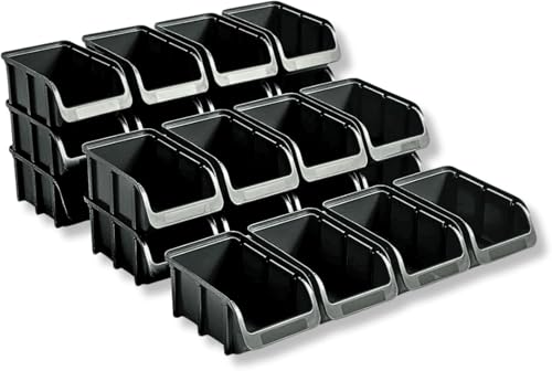 hünersdorff 24 x Sichtbox - Stapelbox Lagerbox SET in Gr. 2 - aus bruchsicherem Polypropylen (PP) - Rezyklat- ideal für Ordnungs- und Sortiersysteme Wandplatten Fahrregal Werkstattregal - Schwarz