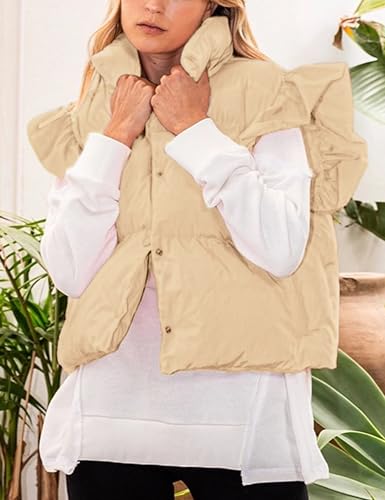 Himosyber Womens Cropped Puffer Vest Ruffle Sleeve Button Down Jacket Stand Collar Winter Warm Padded Gilet with Pockets2