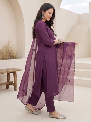 Image of INDO ERA Women's Silk Blend Floral Embroidered Thread Work Kurta & Pant with Dupatta Set