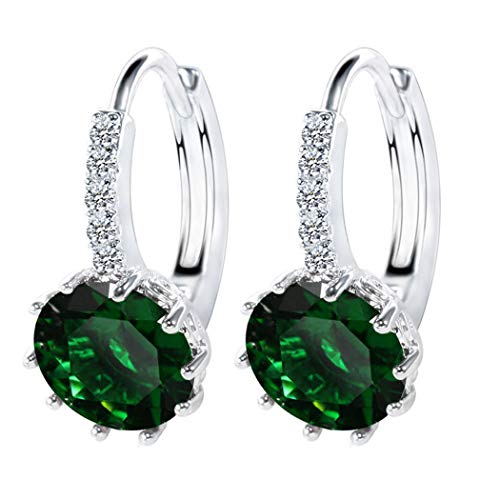 Yikoly Pendientes para mujer de plata de ley 925 con circonitas redondas de 9 mm, cristal esmeralda/zafiro/topacio/rubí/aguamarina/amatista/rosa/blanco/negro/piedras natales, Plata