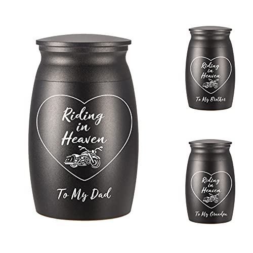 BGAFLOVE Beautiful Keepsake Urn for Dad Ashes - 2.8  Tall Motorcycle Cremation Urns for Ashes - Handcrafted Black Decorative Urns for Funeral - Engraved Ridding in Heaven, to My Dad Urn for Sharing