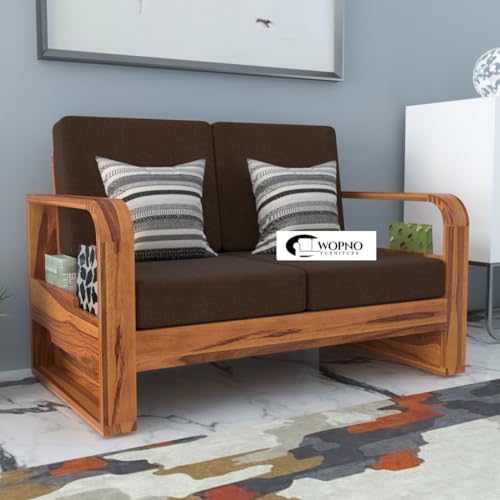 Image of Sheesham Wooden 2 Seater Sofa for Living Room | Solid Wood Sofa with Side Pocket Storage & Cushion | Rosewood Sofa Set for Home & Office | Lounge (Honey with Brown Cushion, 2 Seater)