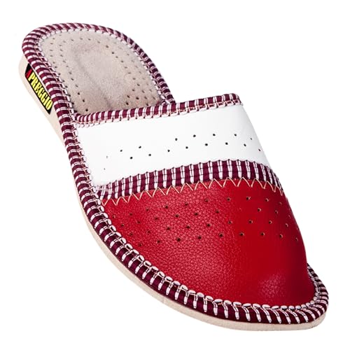 APREGGIO Chaussons Femme en Cuir – Pantoufles Confortables et Solides Fabriquées à la Main – Rouge – 39