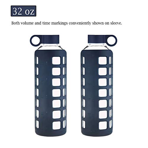 purifyou Premium Glass Water Bottle w/Time and Volume Markings Plus Ultra-Soft Silicone Sleeve & Stainless Steel Lid Insert 32/22 / 12 oz (Midnight Blue, 32 oz) - Thumbnail 6
